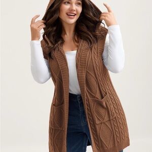 Twisted Hooded Sleeveless Knit Cardigan Size 4X Golden Brown